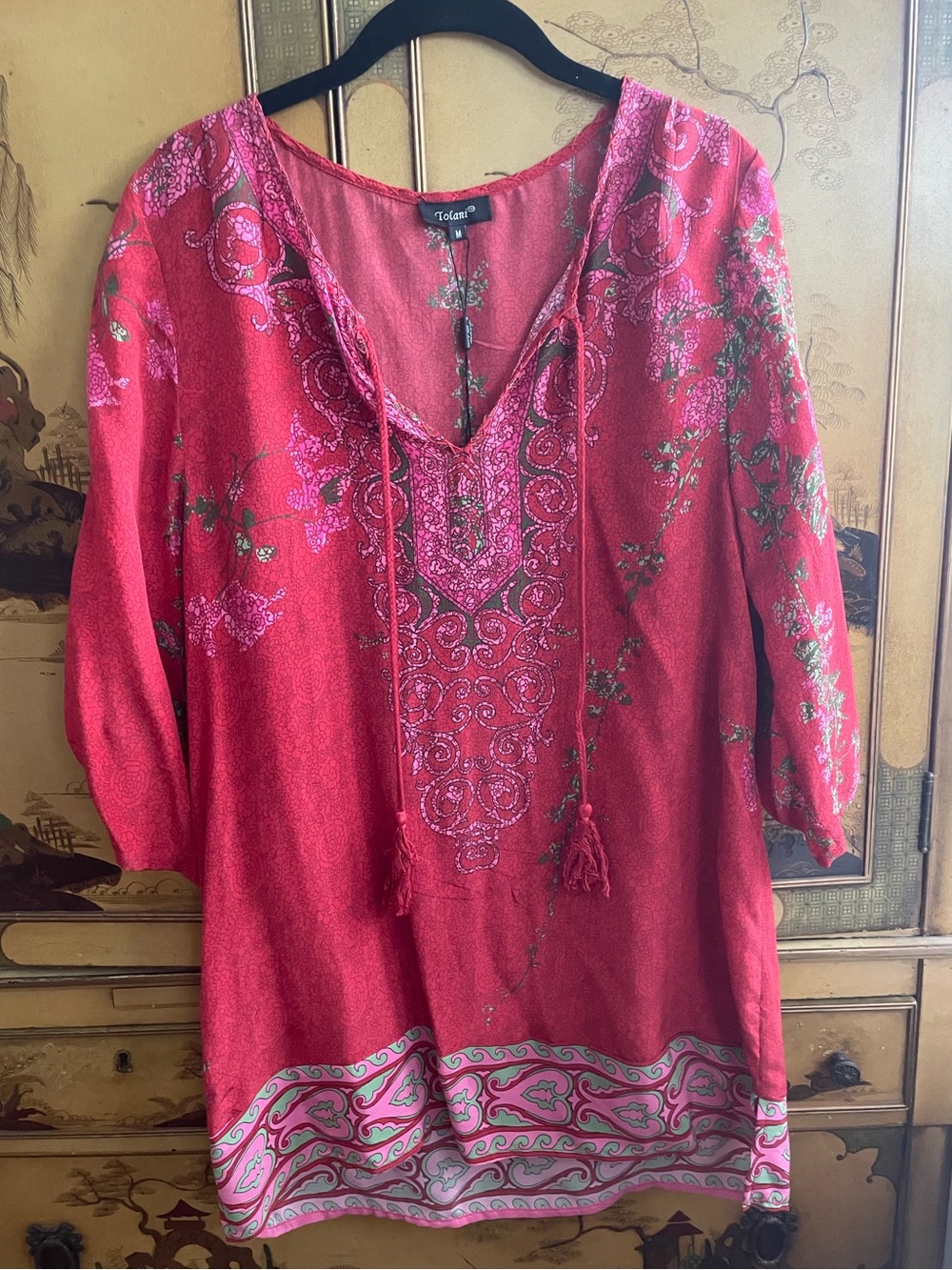 TOLANI ANTHROPOLOGIE Red BOHO Mosaic Floral Tassel Tie Tunic Top Mini Dress Silk